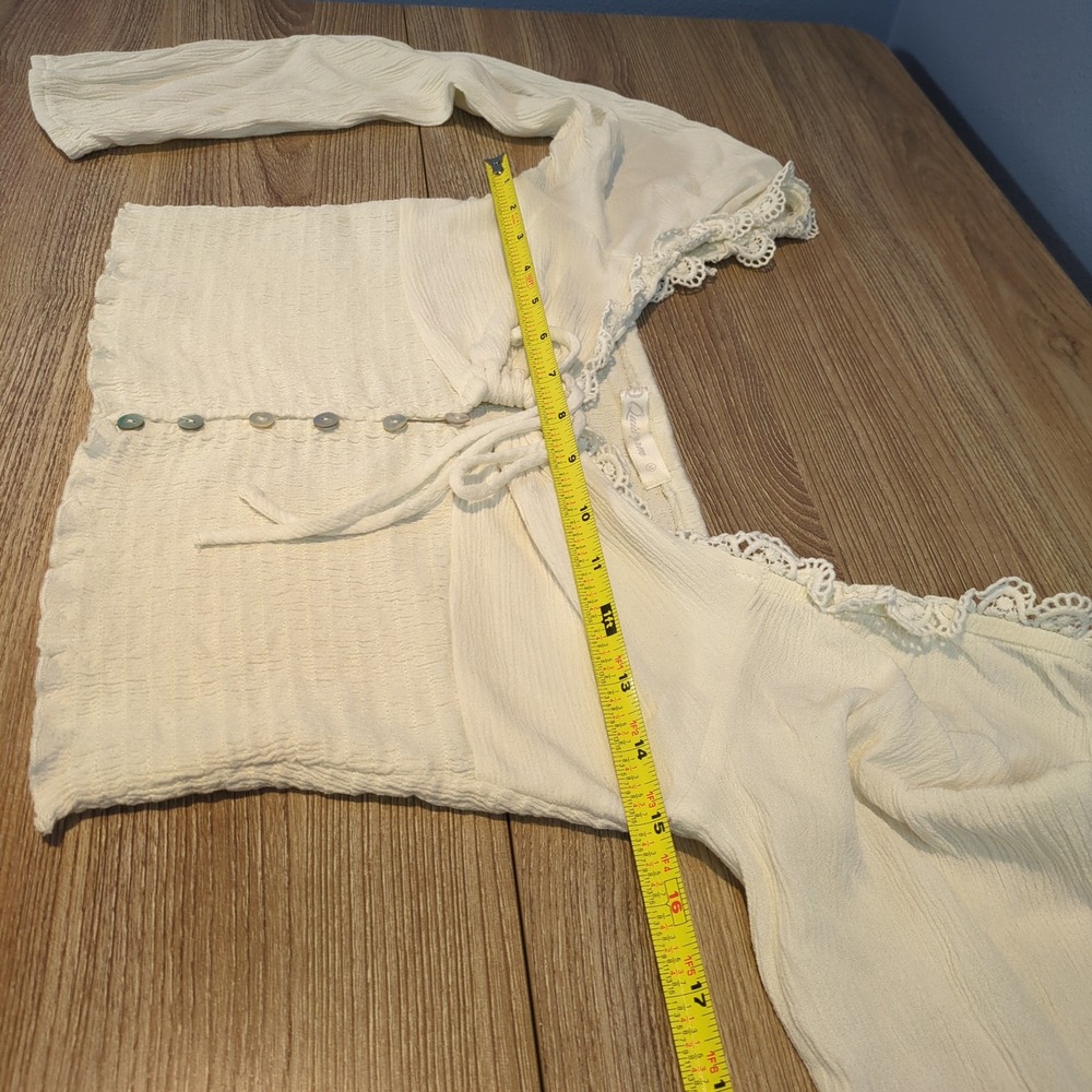 White Milkmaid Coquette Crop Top Tie Front Smocked Long Sleeve‎ Lace Trim Medium - Picture 7 of 8